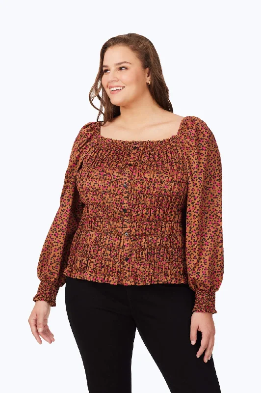 women's yoga-friendly short sleeve tops -Plus Smocked Wild Cheetah Blouse