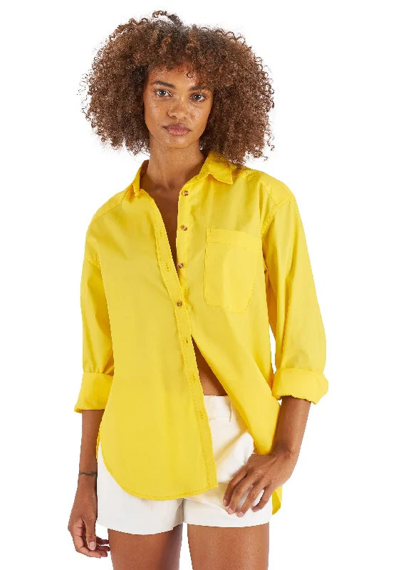 women's loose fit short sleeve blouse -Poppy-Cotton Yellow Oversized Cotton Shirt