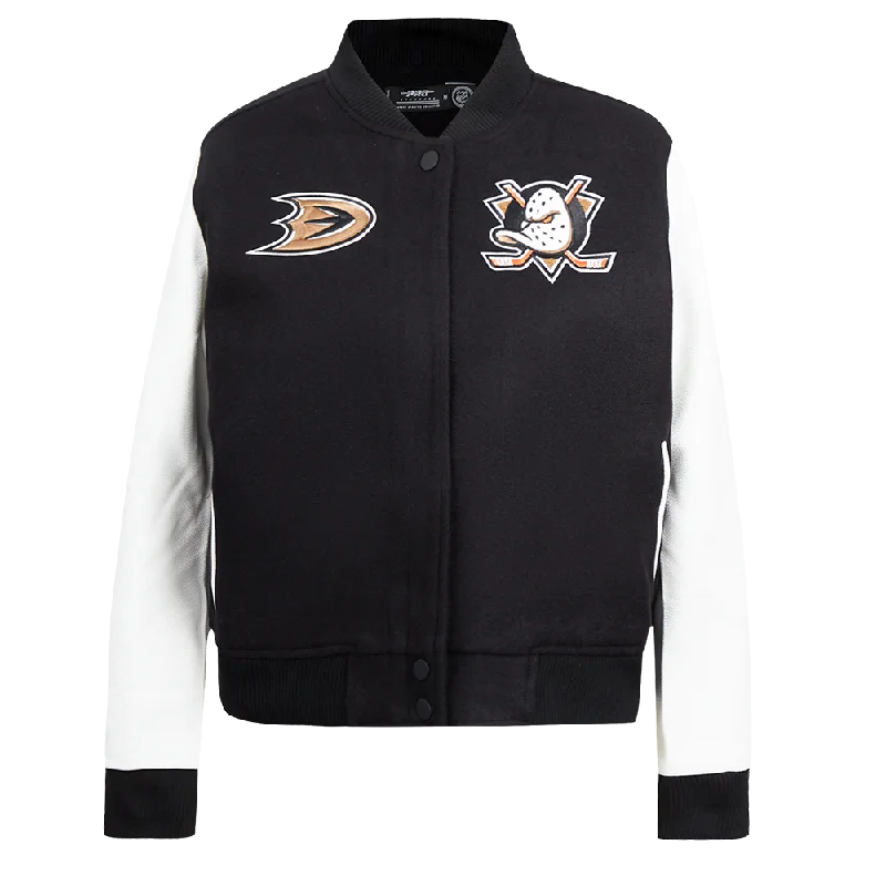 women's teddy bear coat -NHL ANAHEIM DUCKS CLASSIC WOMEN'S WOOL VARSITY JACKET (BLACK/WHITE)