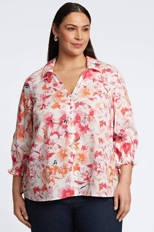 cute short sleeve tops for women -Alexis Plus No Iron Watercolor Floral Popover Shirt