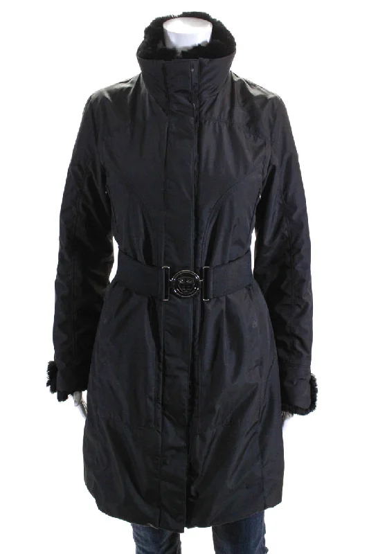 ladies' quilted coat -Post Card Womens Rabbit Fur Trim Full Zipper Belted Coat Black