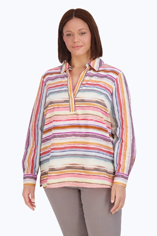 lightweight travel short sleeve shirts for women -Sophia Plus No Iron Watercolor Stripe Popover