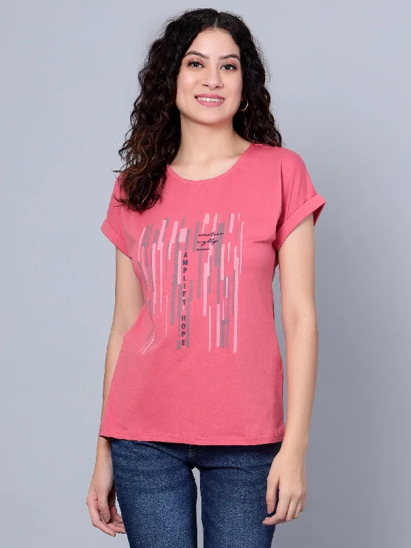 ladies' eco-friendly cotton short sleeve tees -Women's Casual Extended Sleeve Dusty Pink Round neck Graphic Print T-Shirt