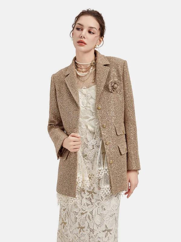 women's elegant cape coat -Gold Sequined Camellia Brooch Jacket