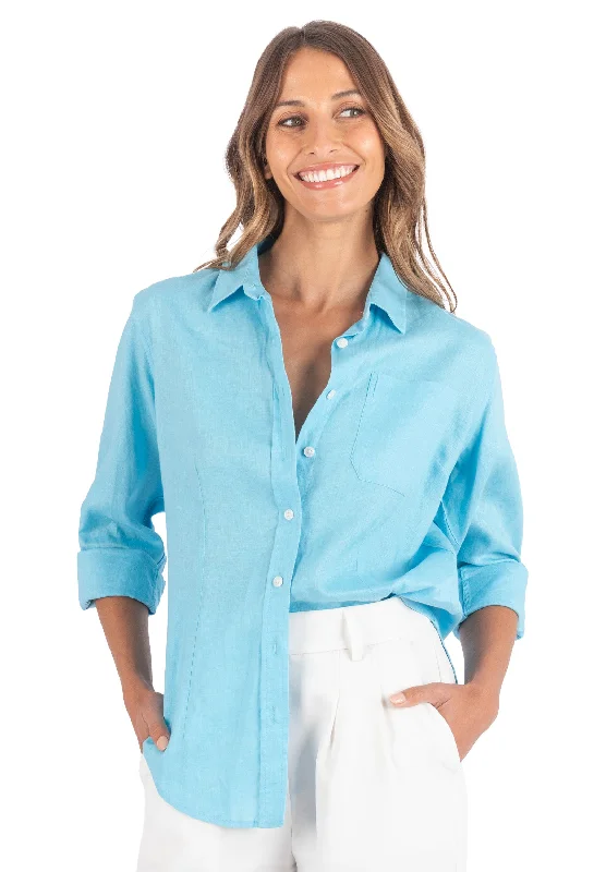 women's fitted crop short sleeve tee -Iris Turquoise Classic Fit Linen Shirt