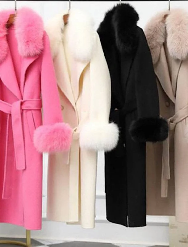 elegant long coat for women -Lux Double Sided Cashmere Fox Fur Trim Midi Coat