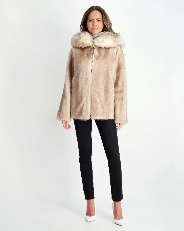 long elegant trench coat for women -Mink Jacket with Fox Hood Trim