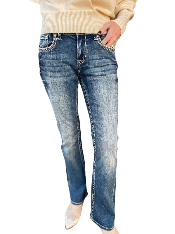 comfortable relaxed fit jeans for women -Aztec Bejeweled Straight Leg In Dark Denim