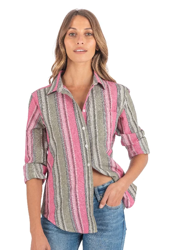 women's twist front short sleeve blouse -Iris Pink and Green Stripes Classic Fit Linen Shirt