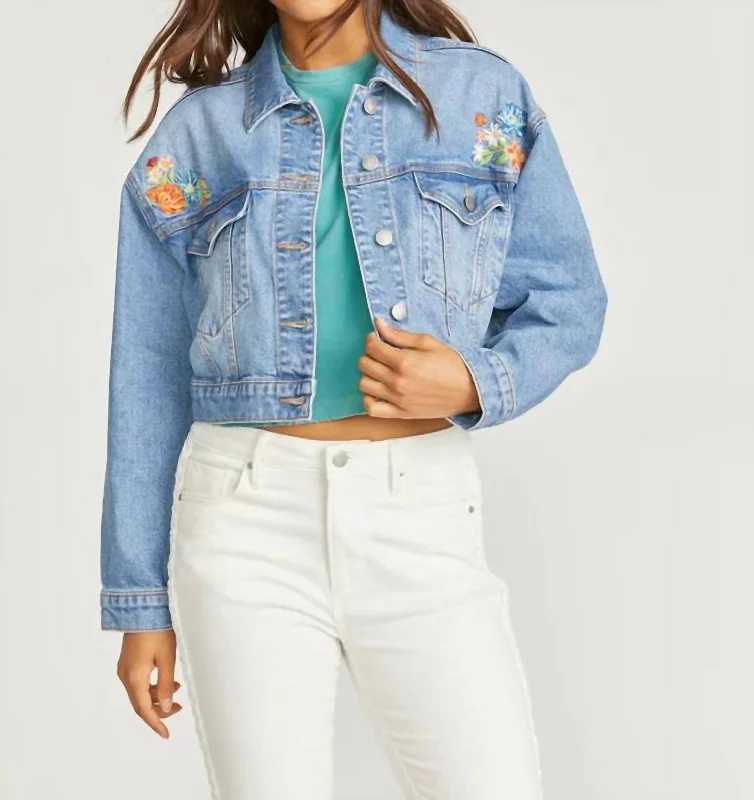 stylish longline coat for women -Le Bouquet Crop Denim Jacket In Blue