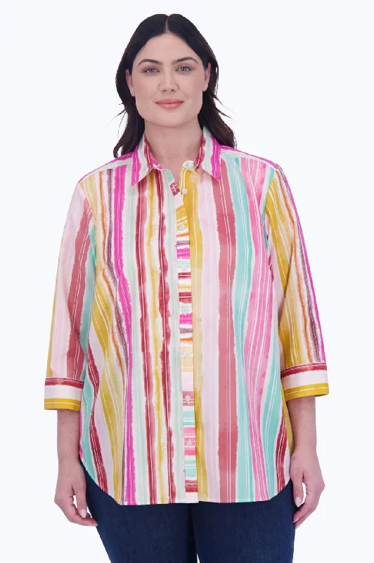 breathable silk short sleeve tops for women -Boyfriend Plus No Iron Spring Watercolor Stripe Tunic