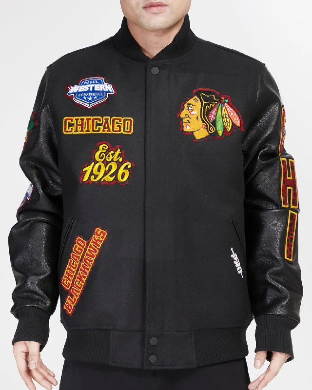 women's lightweight jacket -NHL CHICAGO BLACKHAWKS ANIMAL PRINT WOOL VARSITY JACKET (JET BLACK)