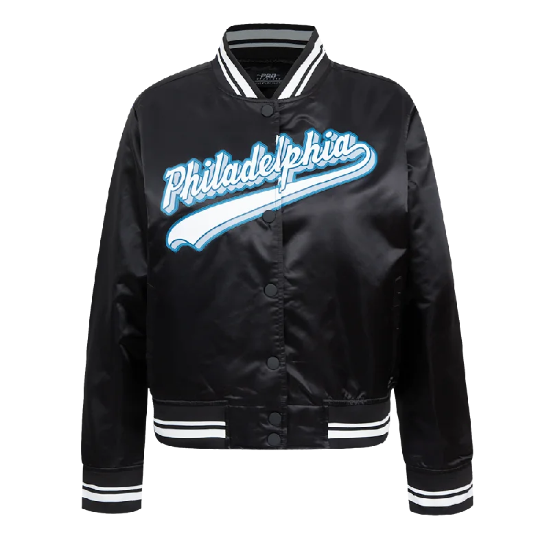 women's lightweight jacket -NFL PHILADELPHIA EAGLES SCRIPT TAIL WOMEN'S SATIN JACKET (BLACK)