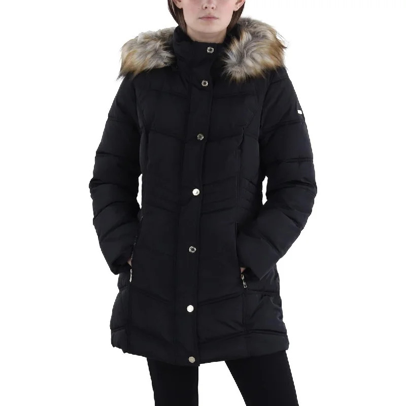 oversized women's coat -Laundry by Shelli Segal Womens Faux Fur Trim Hooded Puffer Jacket