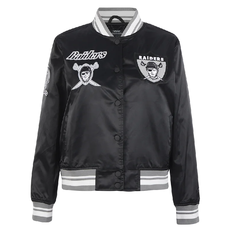 women's cropped bomber jacket -NFL OAKLAND RAIDERS RETRO CLASSIC WOMEN'S RIB SATIN JACKET (BLACK/GREY)