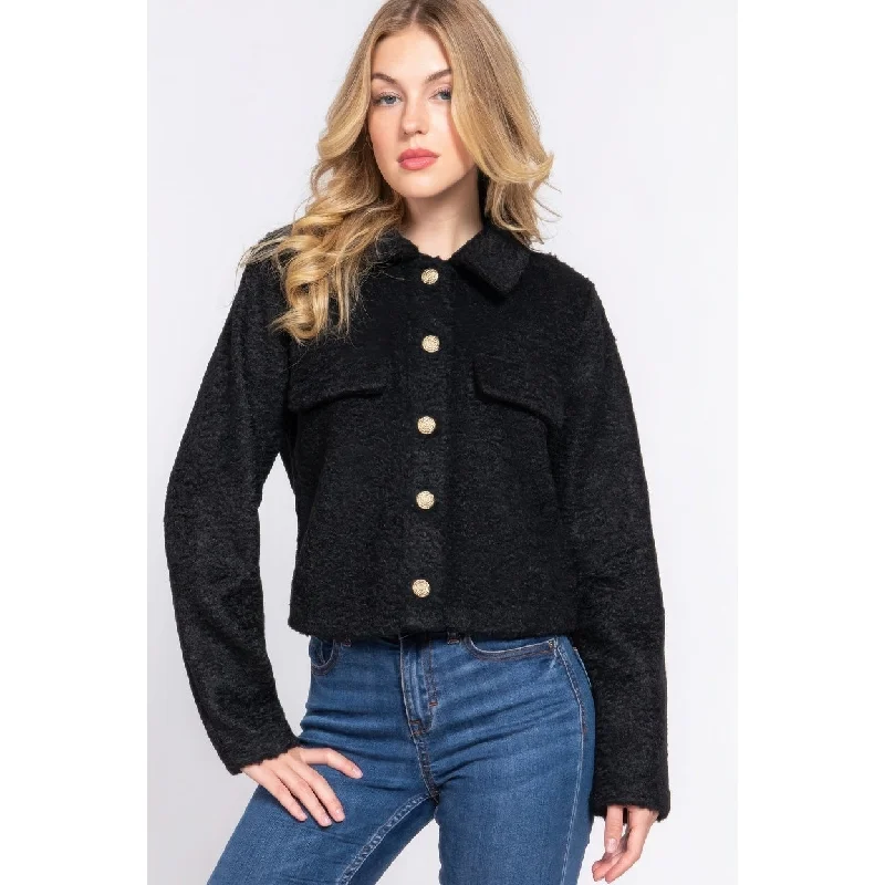 sustainable eco-friendly coat for women -Long Slv Teddy Fleece Short Jacket