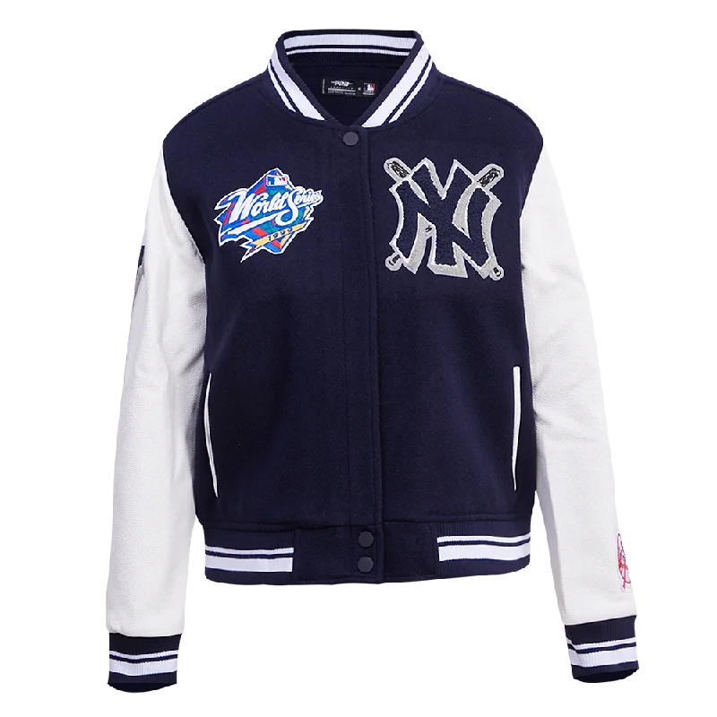 trendy plaid coat for women -MLB NEW YORK YANKEES MASHUP WOOL WOMEN'S VARSITY JACKET (MIDNIGHT NAVY/WHITE)