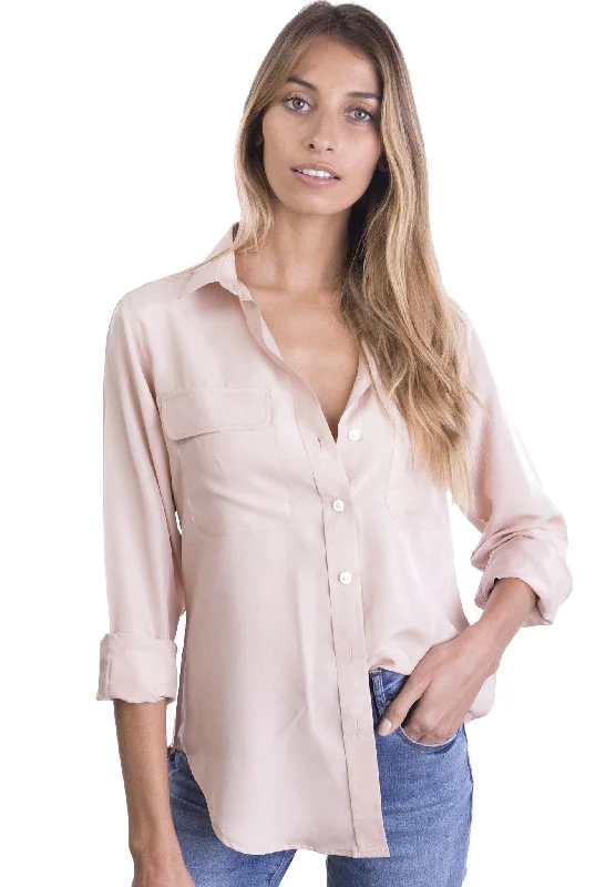 lightweight short sleeve tops for summer -Lete-Silk Blush Pink Classic Sand Washed Silk Shirt