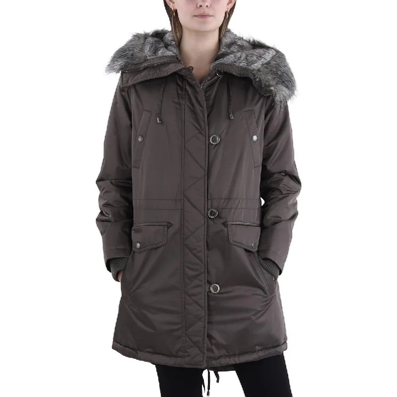 long elegant trench coat for women -Laundry by Design Womens Faux Fur Hooded Puffer Jacket