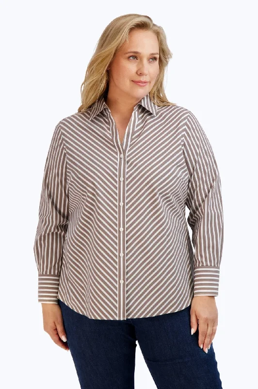 trendy tie-front short sleeve tops for women -Mary Plus Stretch No Iron Stripe Shirt, Brown/White Stripe