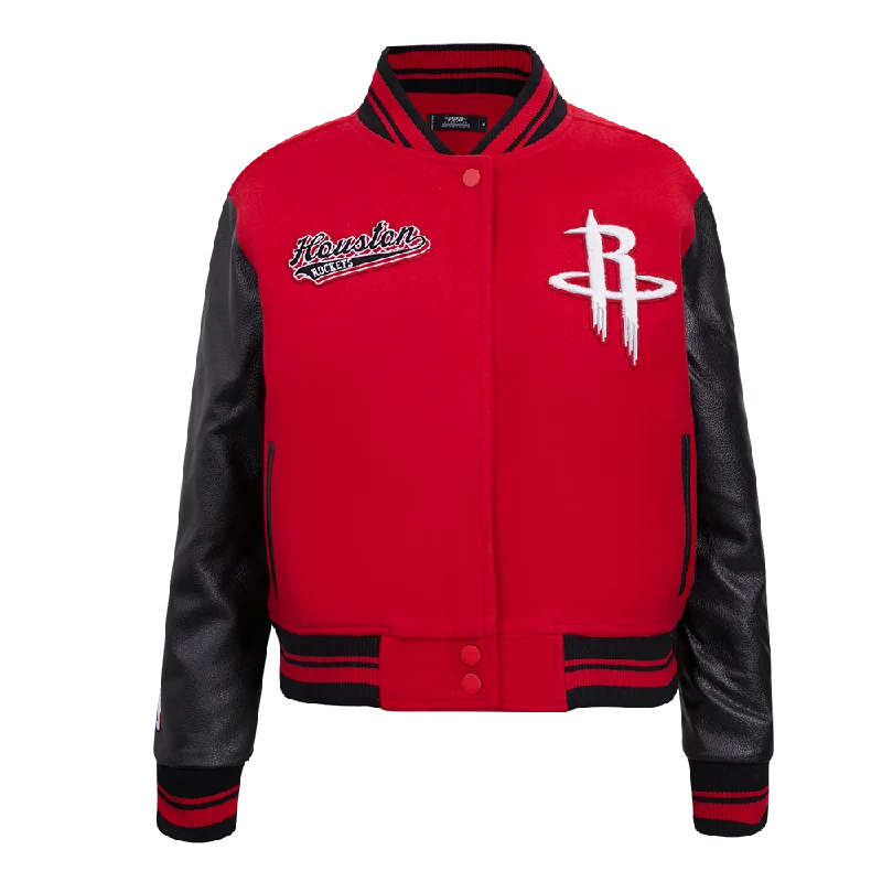 sleek satin bomber jacket for women -NBA HOUSTON ROCKETS SCRIPT TAIL WOMEN'S WOOL VARSITY JACKET (RED/BLACK)