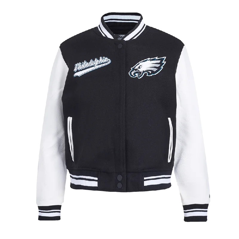 cropped wool blazer for women -NFL PHILADELPHIA EAGLES SCRIPT TAIL WOMEN'S WOOL VARSITY JACKET (BLACK/WHITE)