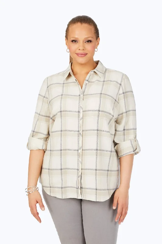 stylish asymmetrical short sleeve tops for women -Charlie Plus Frost Plaid Shirt