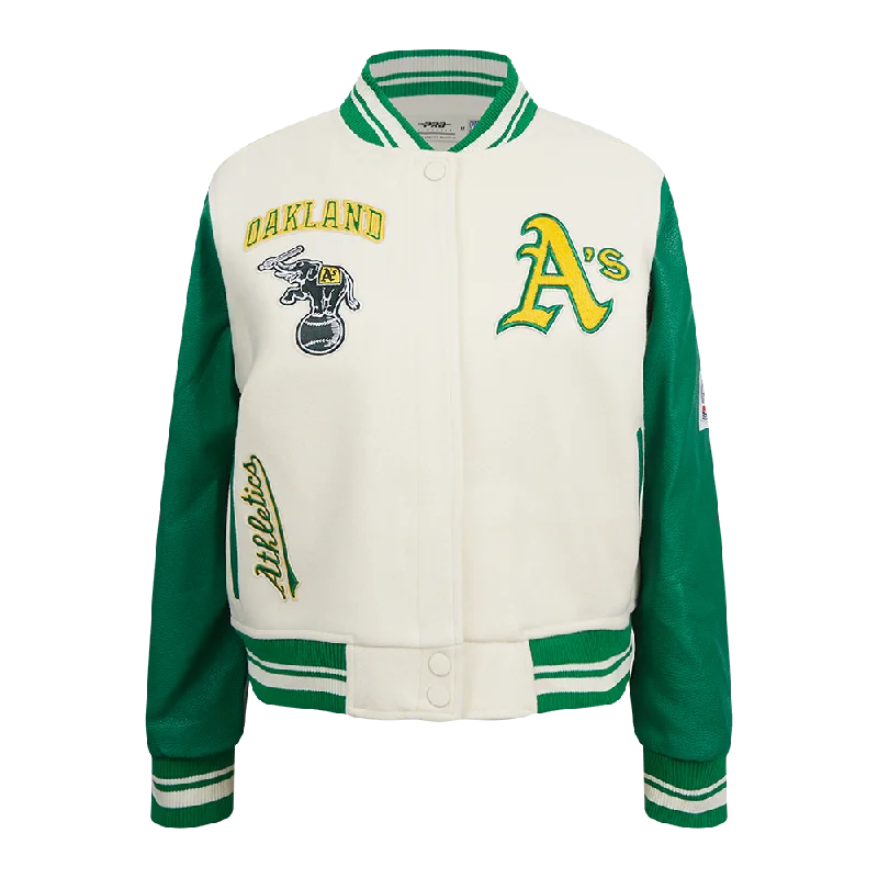 lightweight quilted jacket for women -MLB OAKLAND ATHLETICS RETRO CLASSIC WOMEN'S RIB WOOL VARSITY JACKET (EGGSHELL/ KELLY GREEN)