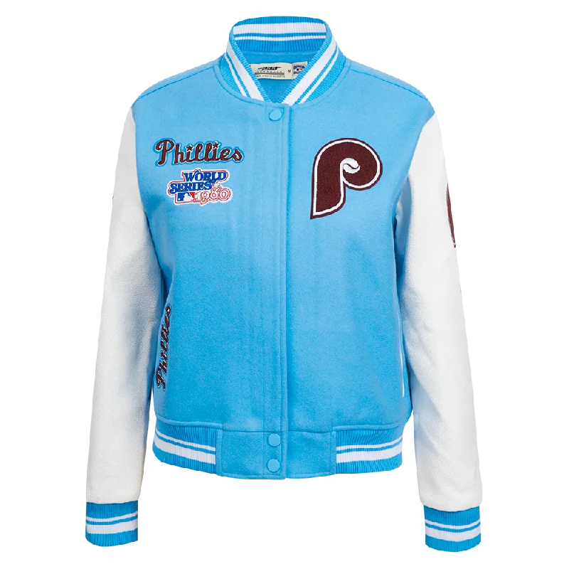 women's faux fur coat -MLB PHILADELPHIA PHILLIES RETRO CLASSIC WOMEN'S RIB WOOL VARSITY JACKET (UNIVERSITY BLUE/WHITE)