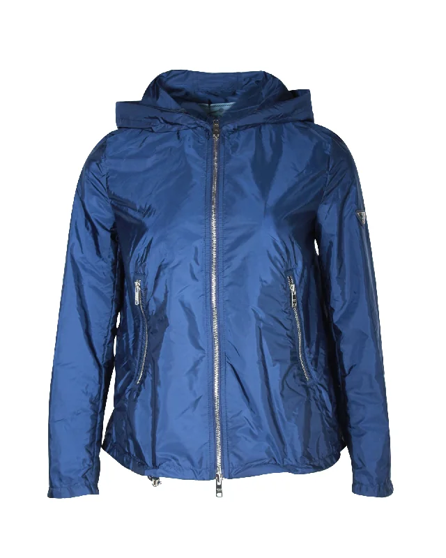 cropped faux leather jacket for women -Prada Hooded Jacket in Blue Nylon