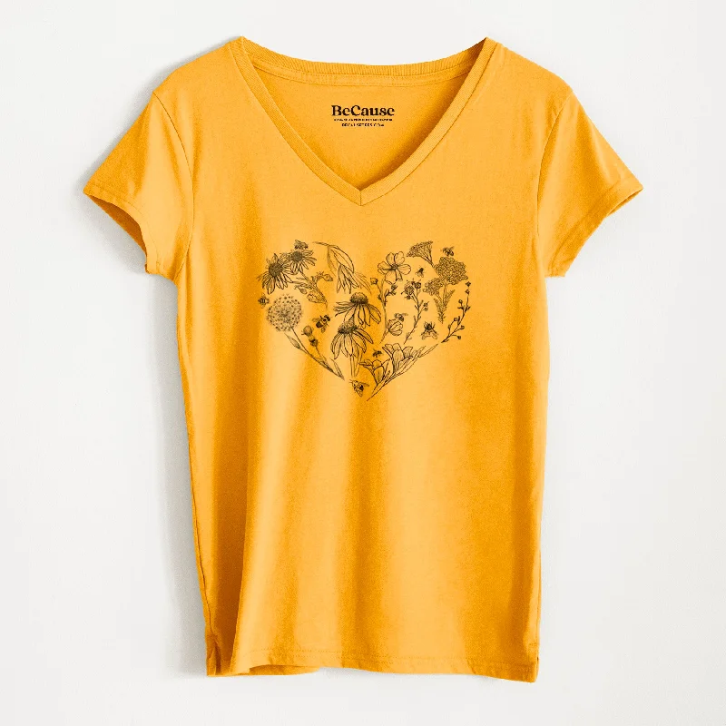 women's tie-dye short sleeve tee -Heart Full of Blooms and Bees - Women's 100% Recycled V-neck