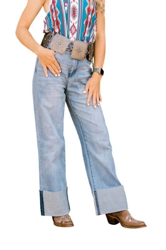 ladies' cropped denim pants -Tammy Straight Leg Cuffed Ankle Jeans In Light Wash