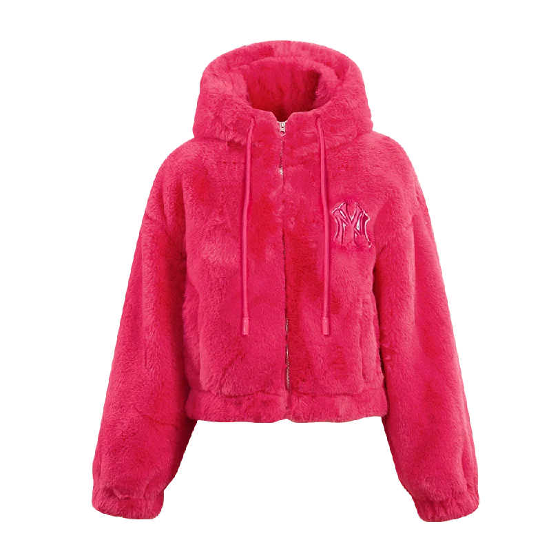 fashionable metallic puffer jacket for women -MLB NEW YORK YANKEES PINK CLOUD WOMEN'S  FAUX FUR JACKET (BEETROOT PURPLE)