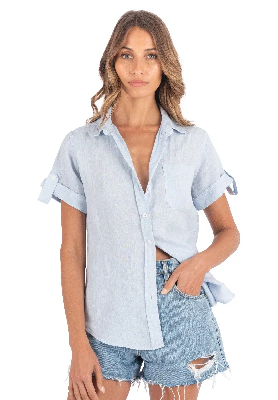 breathable cotton blend short sleeve tops -Febe-SS Sky Blue Linen Camp Shirt