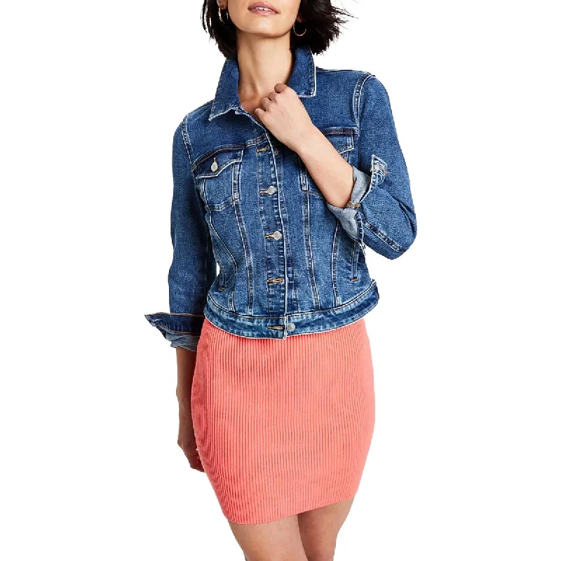 ladies' waterfall drape coat -Guess Womens Denim Utility Denim Jacket