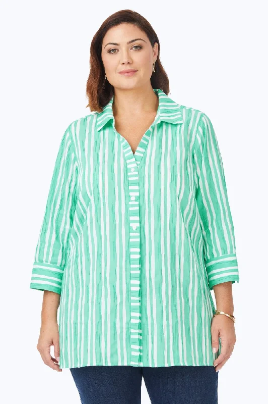 women's pastel short sleeve tees -Pamela Plus Beach Stripe Crinkle Tunic