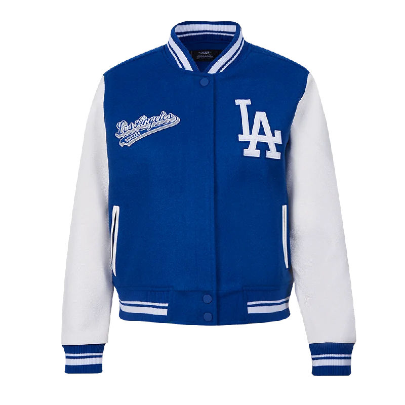 women's asymmetrical zip jacket -MLB LOS ANGELES DODGERS SCRIPT TAIL WOMEN'S RIB WOOL VARSITY JACKET (DODGER BLUE/WHITE)