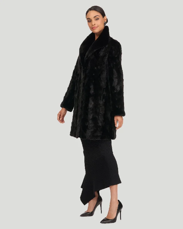 versatile trench coat for ladies -Mink S-Cut Stroller, Short Nap Mink Collar, Reversible To Black Taffeta