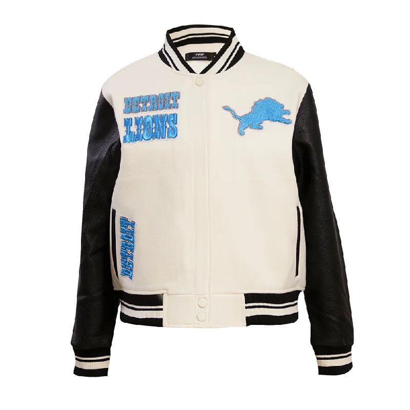 women's asymmetrical zip jacket -NFL DETROIT LIONS RETRO CLASSIC WOMEN'S RIB WOOL VARSITY JACKET (EGGSHELL/ BLACK)