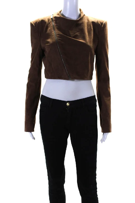 casual zip-up hoodie jacket for women -BCBG Max Azria Womens Zipped Collared Cropped Long Sleeve Jacket Brown