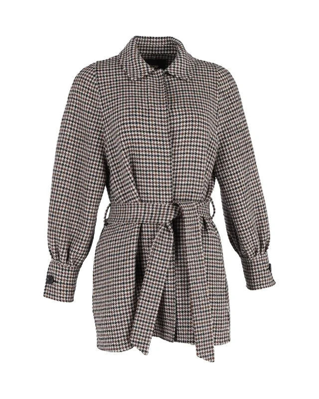 women's mid-length wool coat -Maje Houndstooth Belted Coat in Multicolor Wool