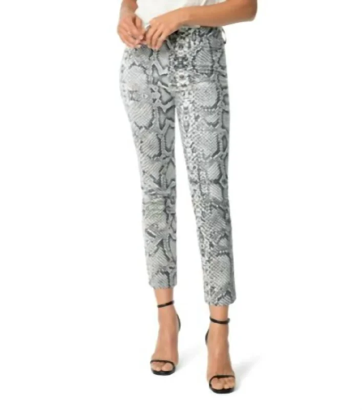 ladies' faded denim skinny pants -Scaled Python Snake Print High Rise Crop Jeans In Black, White