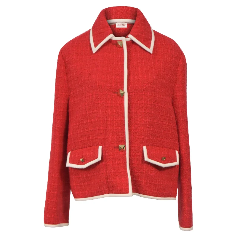 fashionable metallic puffer jacket for women -Valentino Timeless Boucle Jacket in Red Cotton