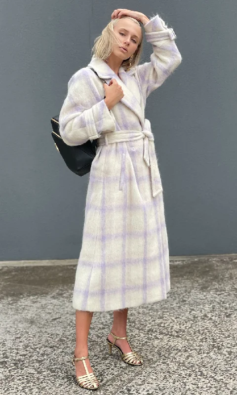 women's thermal long coat -Beatrice B Lilac Chequered Mohair Coat