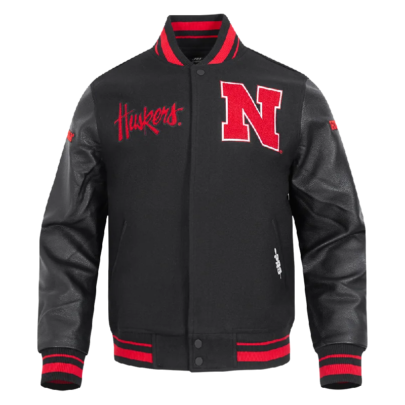 women's teddy bear coat -UNIVERSITY OF NEBRASKA CLASSIC RIB WOOL VARSITY JACKET (BLACK/RED/BLACK)