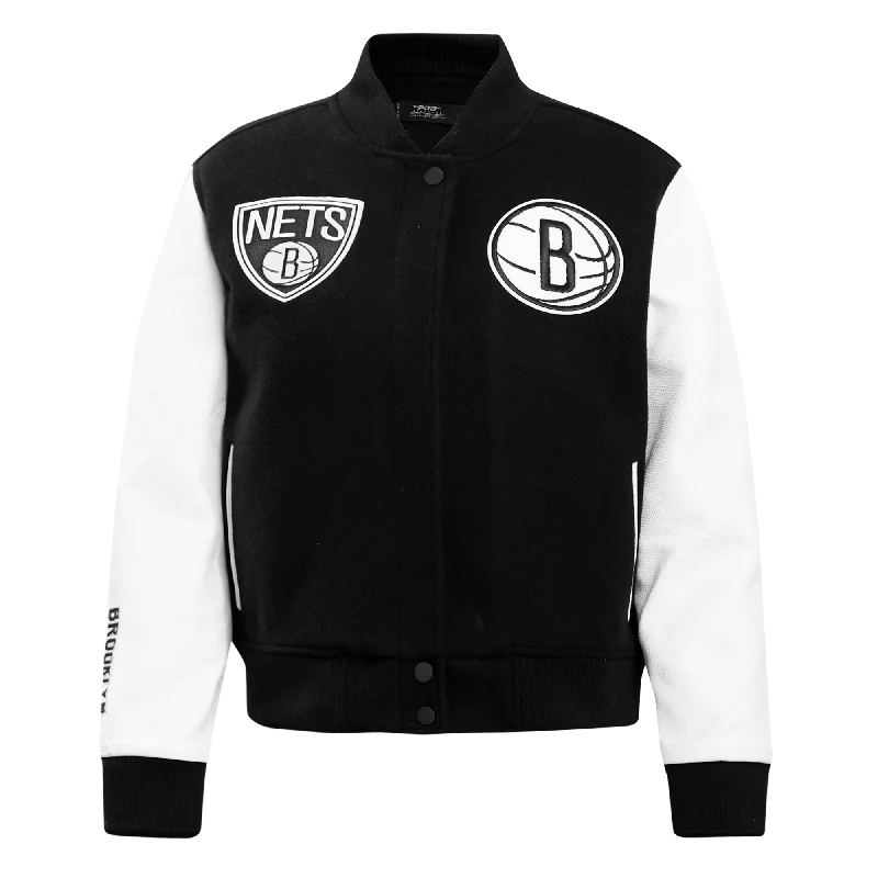 women's outdoor fleece jacket -NBA BROOKLYN NETS CLASSIC WOOL WOMEN'S VARSITY JACKET (BLACK/WHITE)