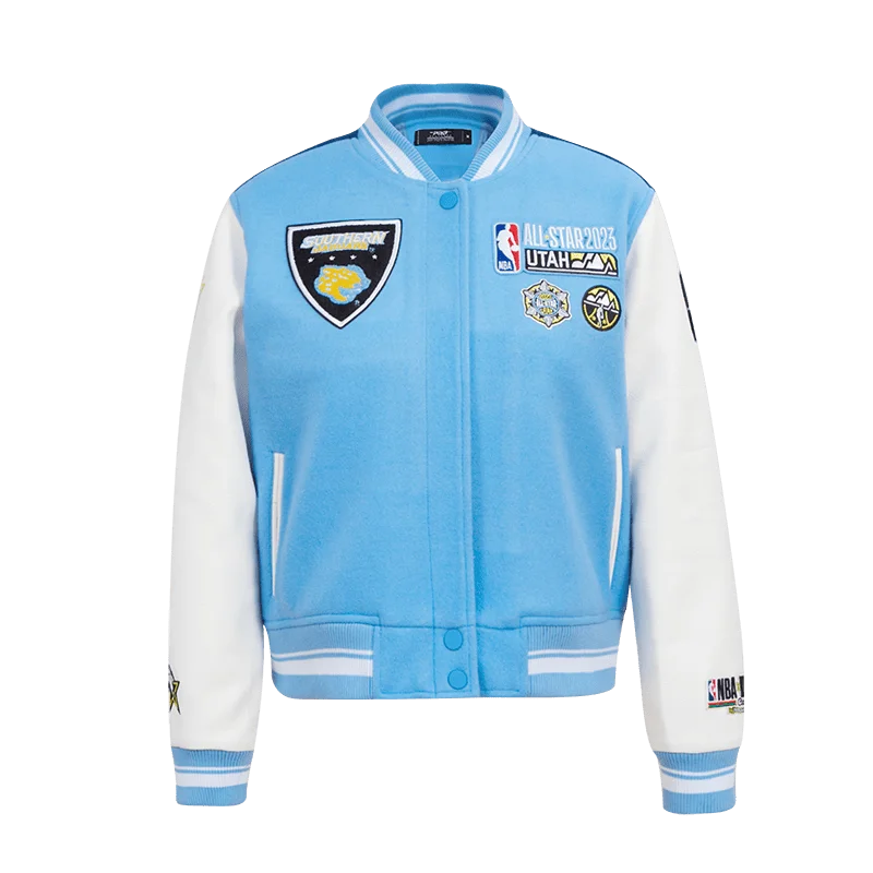 ladies' faux suede jacket -NBA X HBCU ALL STAR 2023 SOUTHERN RIB WOOL VARSITY JACKET (UNIVERSITY BLUE/WHITE)