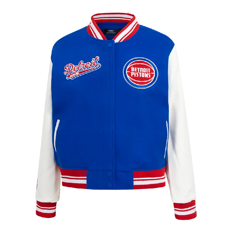 ladies' quilted coat -NBA DETROIT PISTONS SCRIPT TAIL WOMEN'S WOOL VARSITY JACKET (ROYAL BLUE/RED)