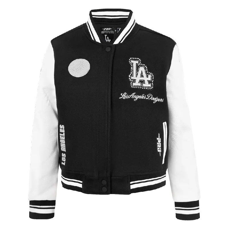 women's reversible coat -MLB LOS ANGELES DODGERS PEARLS WOMEN'S RIB WOOL VARSITY JACKET (BLACK/WHITE)