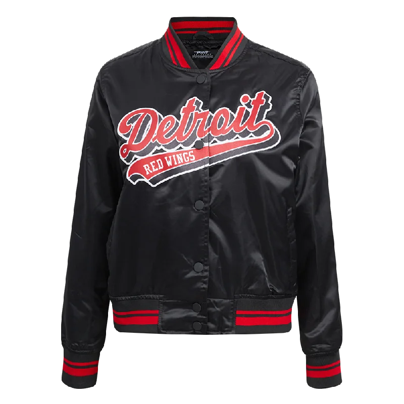 ladies' designer overcoat -NHL DETROIT RED WINGS SCRIPT TAIL WOMEN'S SATIN JACKET (BLACK/RED/BLACK)